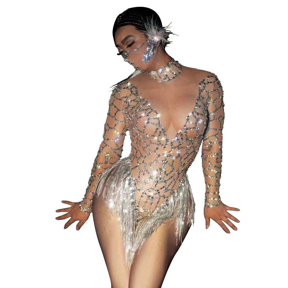 1503 Sparkly Rhinestone Crystals Bodysuit Sexy Tassel Long Sleeve Mesh See